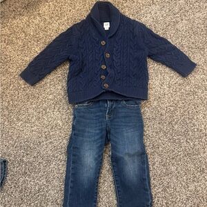 GAP Navy Cable-Knit Shawl-Collar Cardigan and jeans